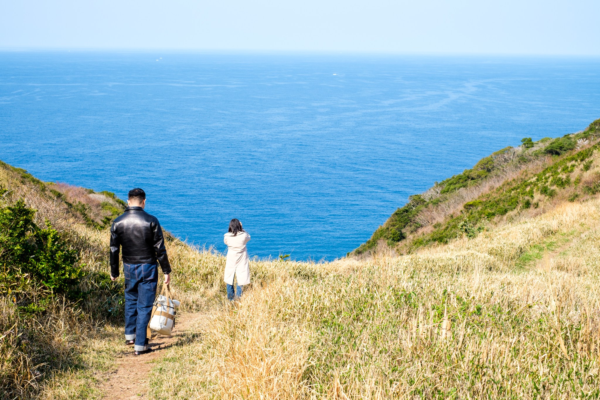 两名游客在山坡上漫步，前方是开阔的海洋和蓝天，周围是金色的草地。