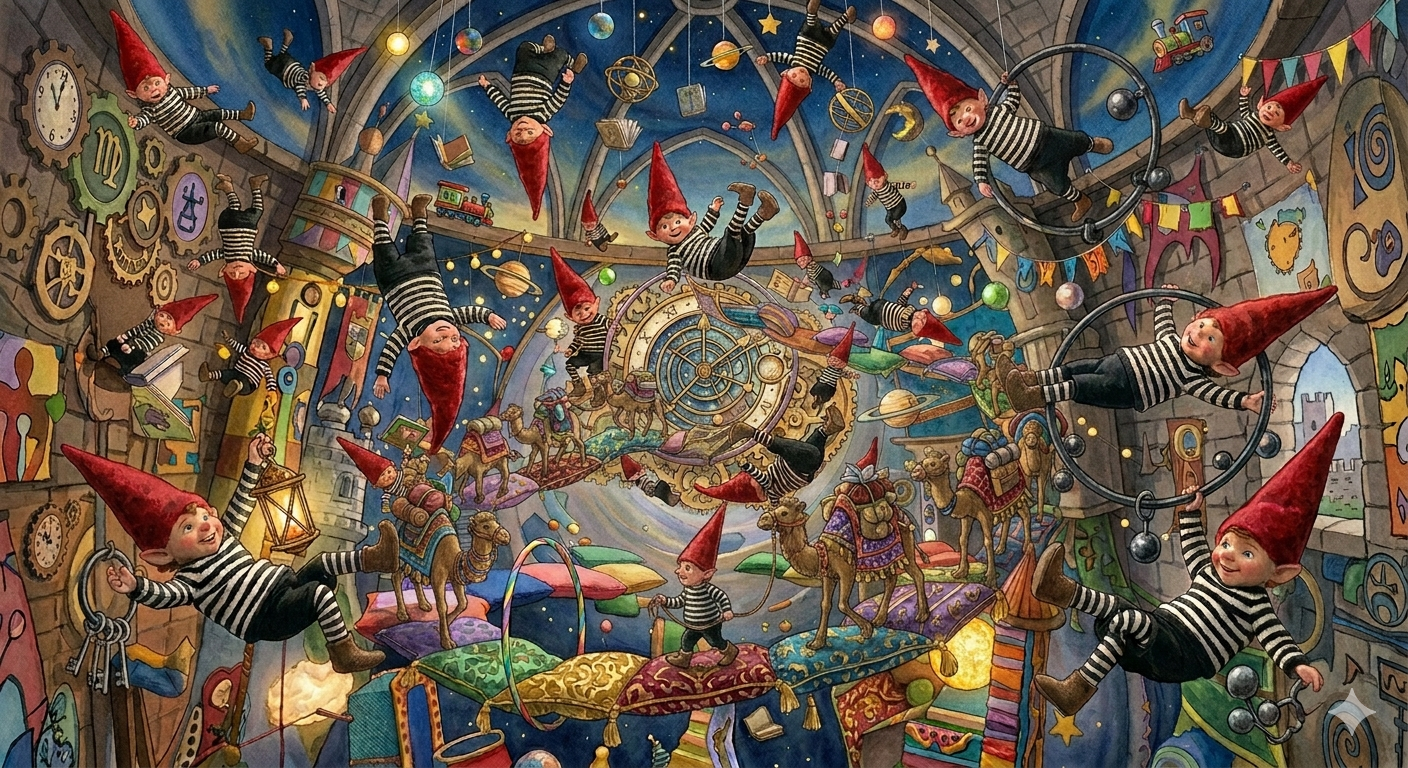 一幅充满奇幻色彩的插画,展现了多个身穿条纹衣服和红色尖帽的小矮人,他们在一个神秘的空间里玩耍,周围有星星、行星和各种玩具,背景充满齿轮和时钟等元素。